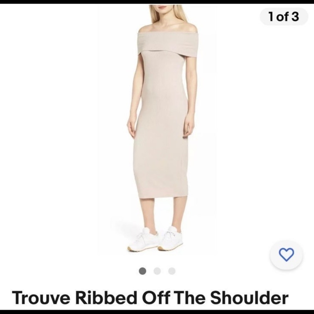 NWT Trouv’e Ribbed Off The Shoulder Midi Dress Rayon Stretch light tan medium